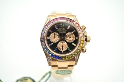 Rolex Daytona 4130 Movement Rainbow Diamond Bezel Black Face Gold Strap Watch